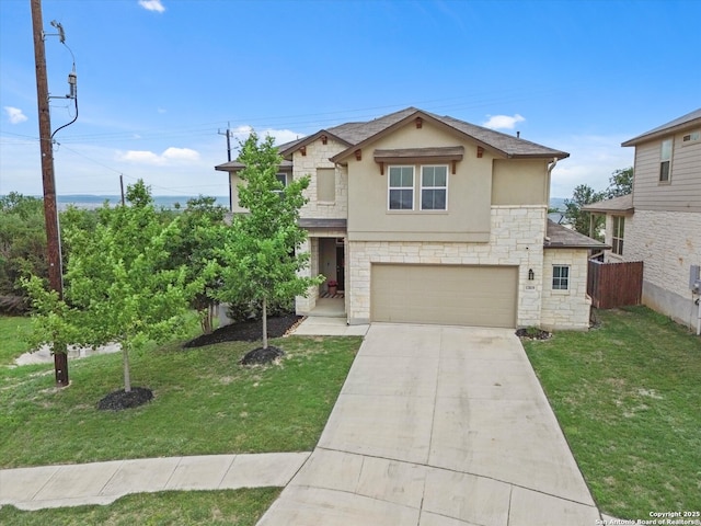 12819 Canadian, San Antonio, TX 78253 - view of front facade featuring fence, stone siding, stucco siding, concrete driveway, and an attached garage
