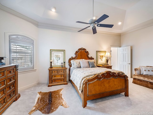 4 Waterford Gln, San Antonio, TX 78257 - bedroom featuring light carpet, ornamental molding, vaulted ceiling, and ceiling fan