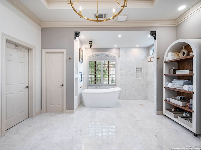 4 Waterford Gln, San Antonio, TX 78257 - bathroom featuring ornamental molding, a chandelier, marble look tile flooring, a soaking tub, and walk in shower