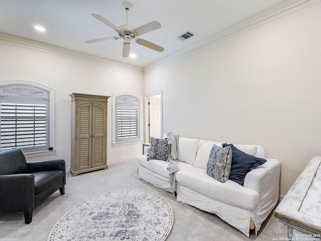 4 Waterford Gln, San Antonio, TX 78257 - living room featuring carpet flooring, ceiling fan, crown molding, baseboards, and recessed lighting