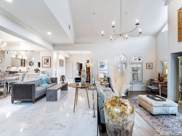 4 Waterford Gln, San Antonio, TX 78257 - living area with a chandelier, crown molding, a high ceiling, and recessed lighting