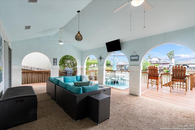 view of patio / terrace featuring an outdoor living space, a ceiling fan, visible vents, and area for grilling
