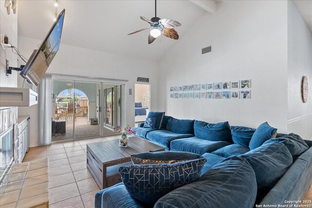living area featuring visible vents, ceiling fan, high vaulted ceiling, and beamed ceiling