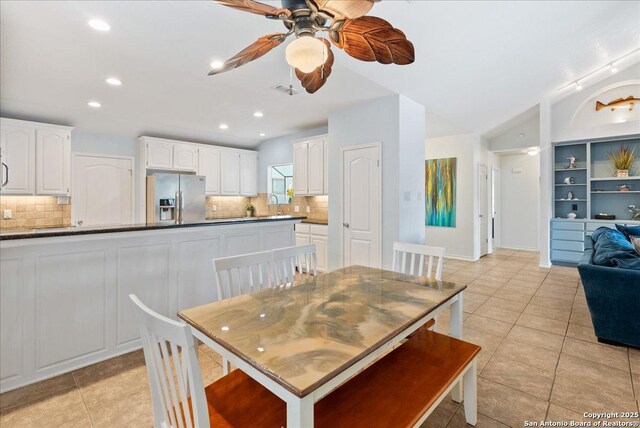 dining space featuring visible vents, built in features, recessed lighting, a ceiling fan, and light tile patterned floors