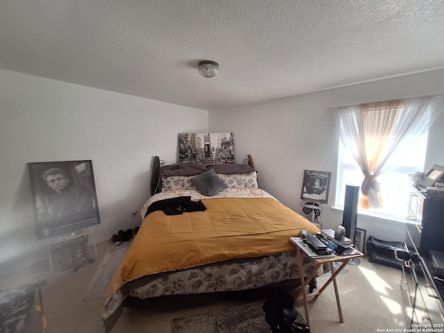 bedroom with carpet flooring and a textured ceiling