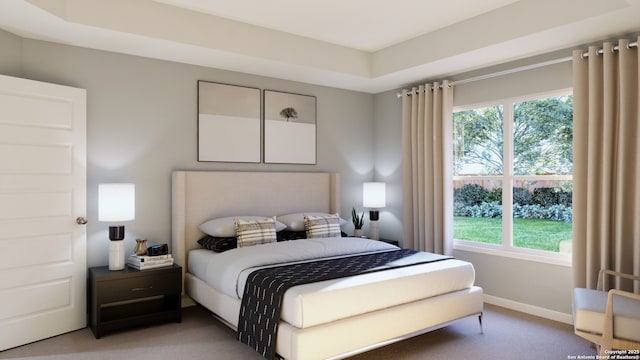 bedroom featuring baseboards, multiple windows, and light colored carpet