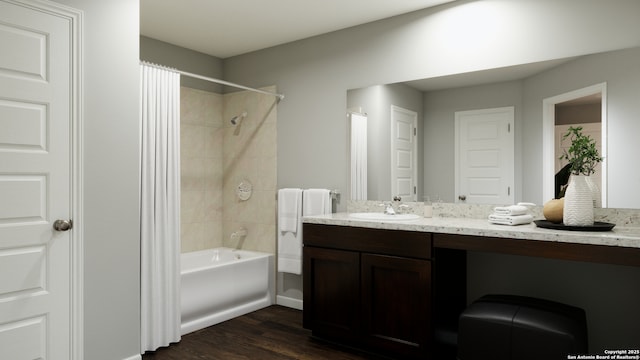 140 Duck Trl, San Antonio, TX 78245 - bathroom featuring vanity, baseboards, wood finished floors, and shower / bath combination with curtain