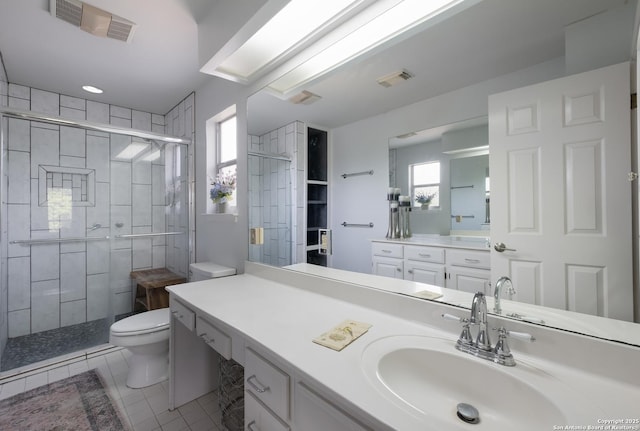 full bath featuring visible vents, tile patterned flooring, a stall shower, and toilet