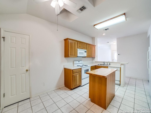kitchen with a peninsula, visible vents, a ceiling fan, and white appliances