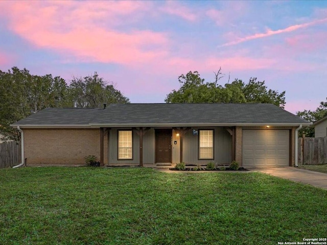 7722 Strolling Ln, Live Oak, TX 78233 - single story home featuring fence, driveway, brick siding, an attached garage, and a yard
