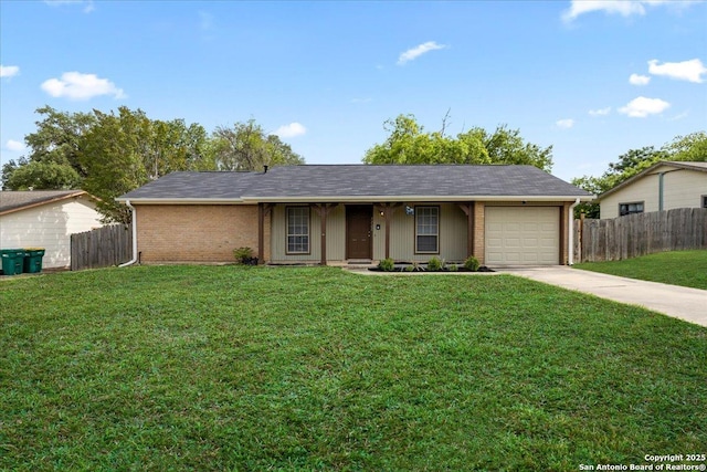 7722 Strolling Ln, Live Oak, TX 78233 - ranch-style home with fence, driveway, a front lawn, and a garage