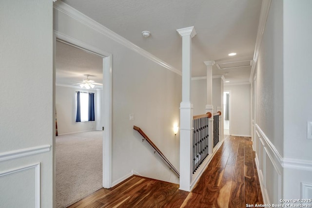 stairs with recessed lighting, baseboards, ornamental molding, and wood finished floors