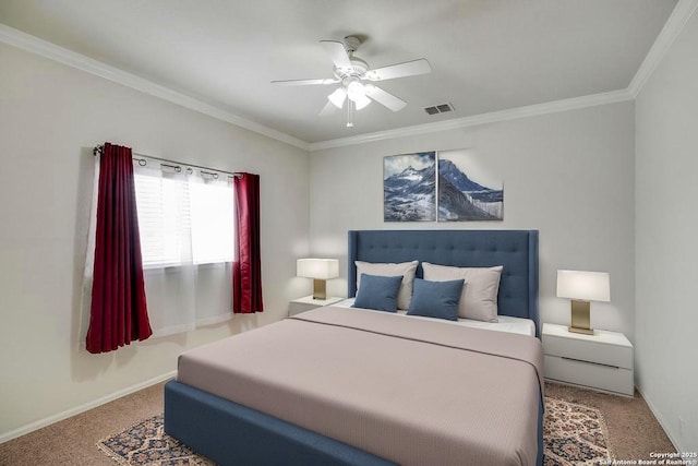 carpeted bedroom with crown molding, baseboards, a ceiling fan, and visible vents