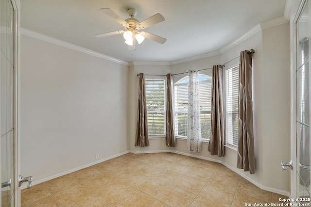 unfurnished room with baseboards, ornamental molding, ceiling fan, and light tile patterned floors