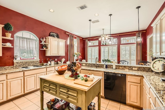 kitchen featuring light tile patterned flooring, open shelves, ceiling fan, white electric cooktop, and black dishwasher