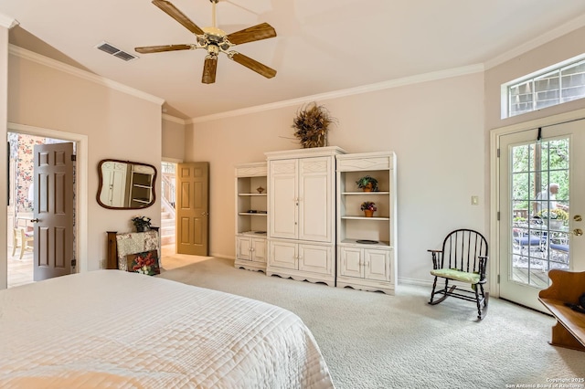 bedroom featuring visible vents, crown molding, access to exterior, baseboards, and light carpet
