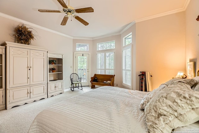 bedroom featuring ceiling fan, light colored carpet, ornamental molding, and access to exterior
