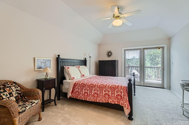 bedroom featuring a ceiling fan, light colored carpet, vaulted ceiling, baseboards, and access to outside