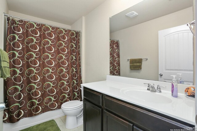 606 Sage Thrasher, San Antonio, TX 78253 - bathroom featuring shower / bath combo, tile patterned flooring, vanity, toilet, and visible vents