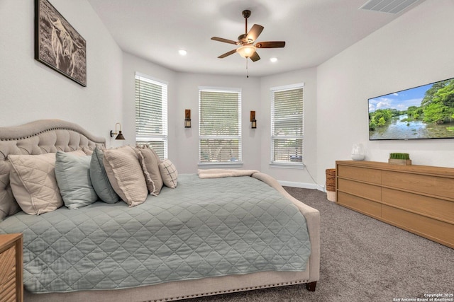 bedroom with carpet flooring, recessed lighting, a ceiling fan, and visible vents