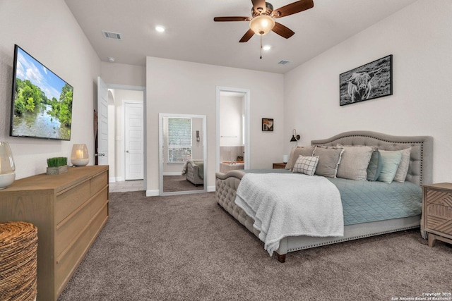 carpeted bedroom featuring ceiling fan, recessed lighting, and visible vents