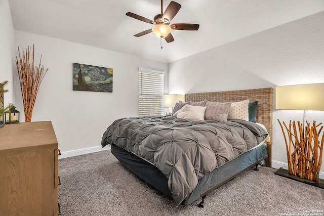 bedroom featuring carpet flooring, a ceiling fan, and baseboards