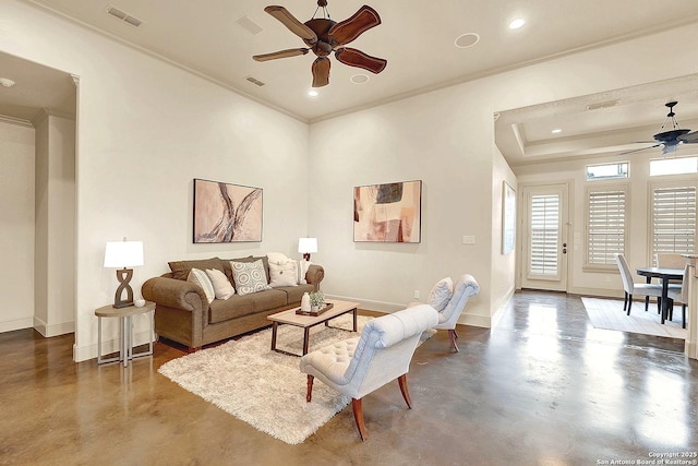 1320 Gruene Leaf, New Braunfels, TX 78130 - living room featuring visible vents, a ceiling fan, baseboards, and concrete flooring