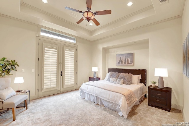 bedroom with ornamental molding, light carpet, access to outside, recessed lighting, and a raised ceiling