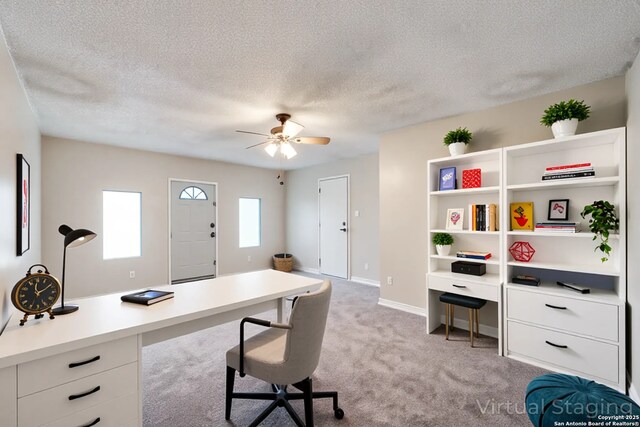 10210 Apricot Fld, San Antonio, TX 78245 - office featuring light colored carpet, a ceiling fan, a textured ceiling, and baseboards