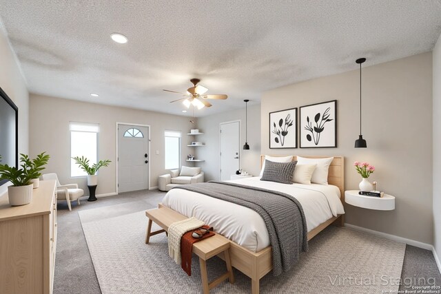 10210 Apricot Fld, San Antonio, TX 78245 - carpeted bedroom with baseboards, recessed lighting, a textured ceiling, and a ceiling fan