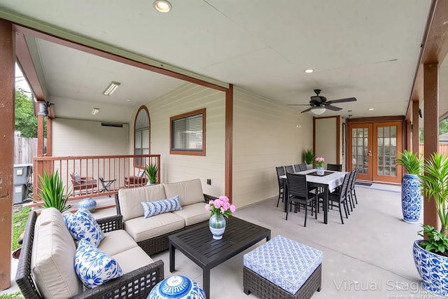 10210 Apricot Fld, San Antonio, TX 78245 - view of patio with a ceiling fan, outdoor lounge area, french doors, and outdoor dining space