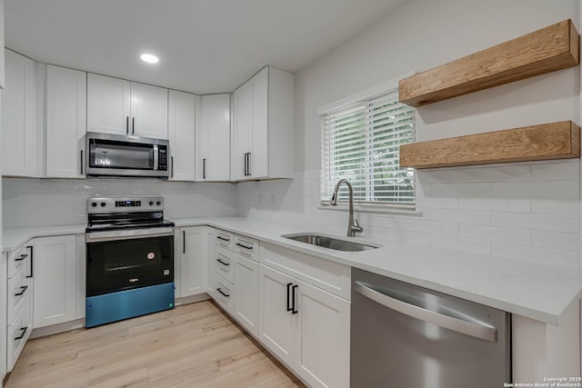 kitchen with stainless steel appliances, decorative backsplash, a sink, and white cabinetry