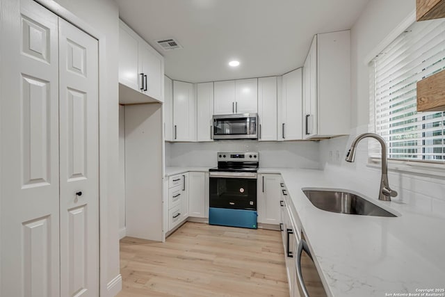 kitchen featuring a sink, light wood-style flooring, stainless steel appliances, white cabinetry, and visible vents