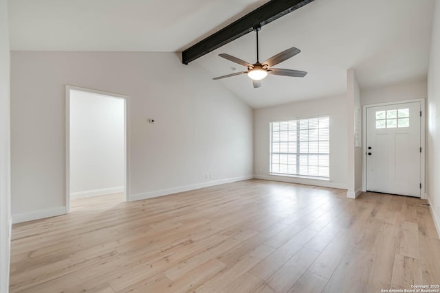 unfurnished living room featuring baseboards, lofted ceiling with beams, a ceiling fan, and light wood-type flooring