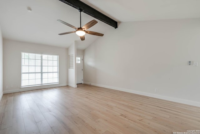 unfurnished room with a ceiling fan, baseboards, vaulted ceiling with beams, and light wood-type flooring