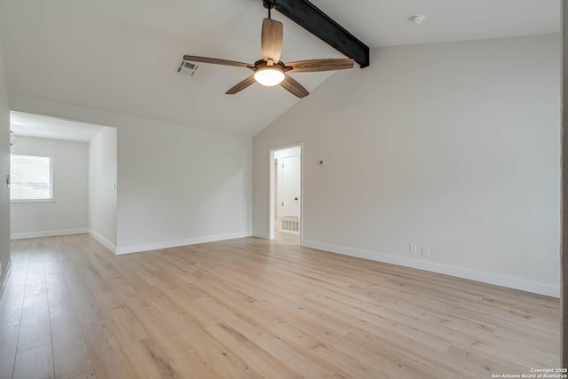 unfurnished room featuring ceiling fan, light wood-style floors, baseboards, vaulted ceiling with beams, and visible vents