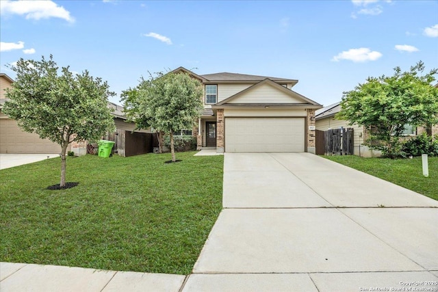 2927 Lindenwood, San Antonio, TX 78245 - view of front of property with driveway, a garage, brick siding, fence, and a front lawn