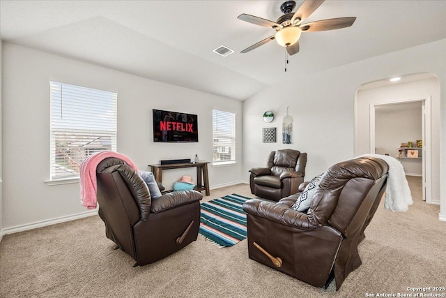 2927 Lindenwood, San Antonio, TX 78245 - living area featuring ceiling fan, visible vents, vaulted ceiling, carpet floors, and baseboards