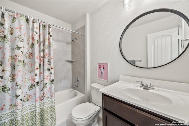 2927 Lindenwood, San Antonio, TX 78245 - bathroom featuring a textured wall, shower / tub combo with curtain, vanity, toilet, and a textured ceiling