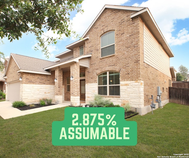 14447 Costa Leon, San Antonio, TX 78245 - view of front facade with brick siding, stone siding, and an attached garage