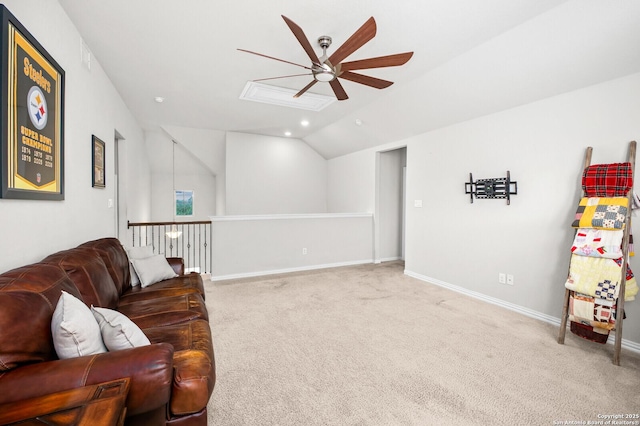 14447 Costa Leon, San Antonio, TX 78245 - sitting room featuring ceiling fan, vaulted ceiling, carpet floors, baseboards, and a skylight