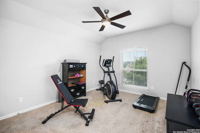 14447 Costa Leon, San Antonio, TX 78245 - exercise room with lofted ceiling, ceiling fan, carpet flooring, and baseboards