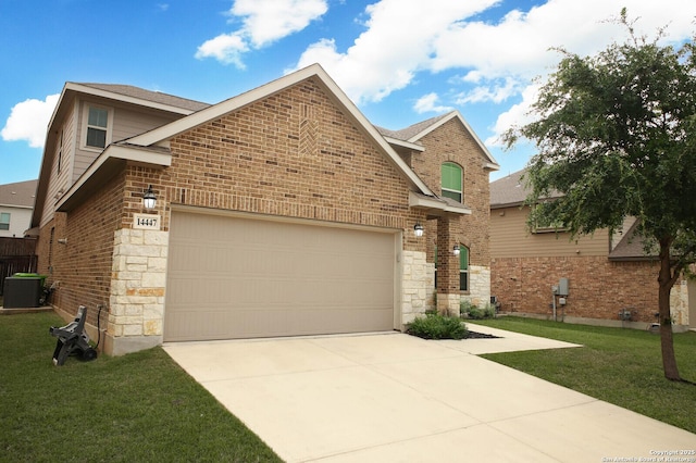 14447 Costa Leon, San Antonio, TX 78245 - traditional home featuring brick siding, stone siding, central AC unit, a garage, and a front lawn