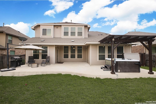14447 Costa Leon, San Antonio, TX 78245 - rear view of house with a hot tub, a patio, a pergola, and roof with shingles