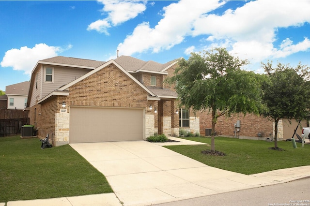 14447 Costa Leon, San Antonio, TX 78245 - traditional-style house featuring concrete driveway, a garage, stone siding, and cooling unit