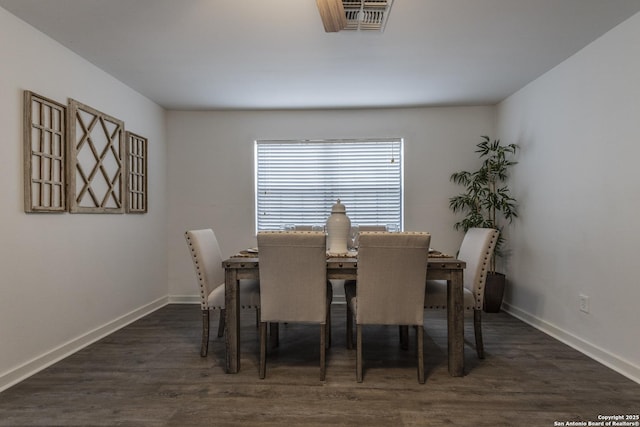 dining area featuring baseboards, visible vents, and dark wood-type flooring