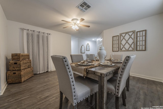 dining room with a ceiling fan, baseboards, visible vents, and dark wood-style floors