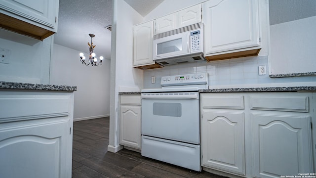 kitchen featuring white appliances, a chandelier, white cabinetry, decorative backsplash, and dark wood-type flooring