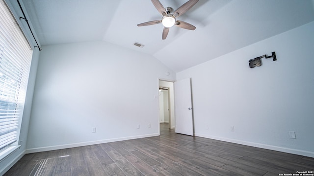 unfurnished room featuring a ceiling fan, visible vents, a healthy amount of sunlight, and lofted ceiling