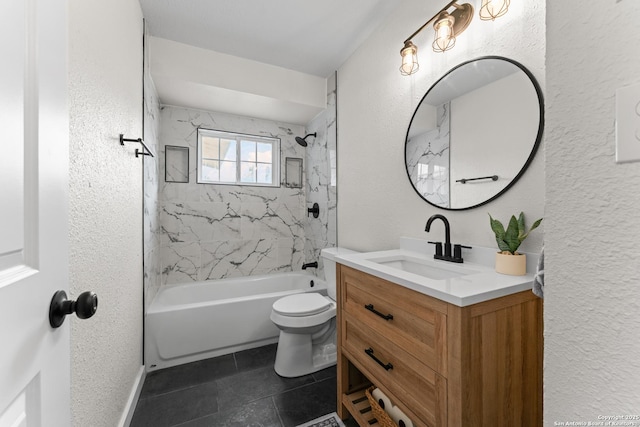 full bath with vanity, tile patterned flooring, a textured wall, toilet, and shower / tub combination